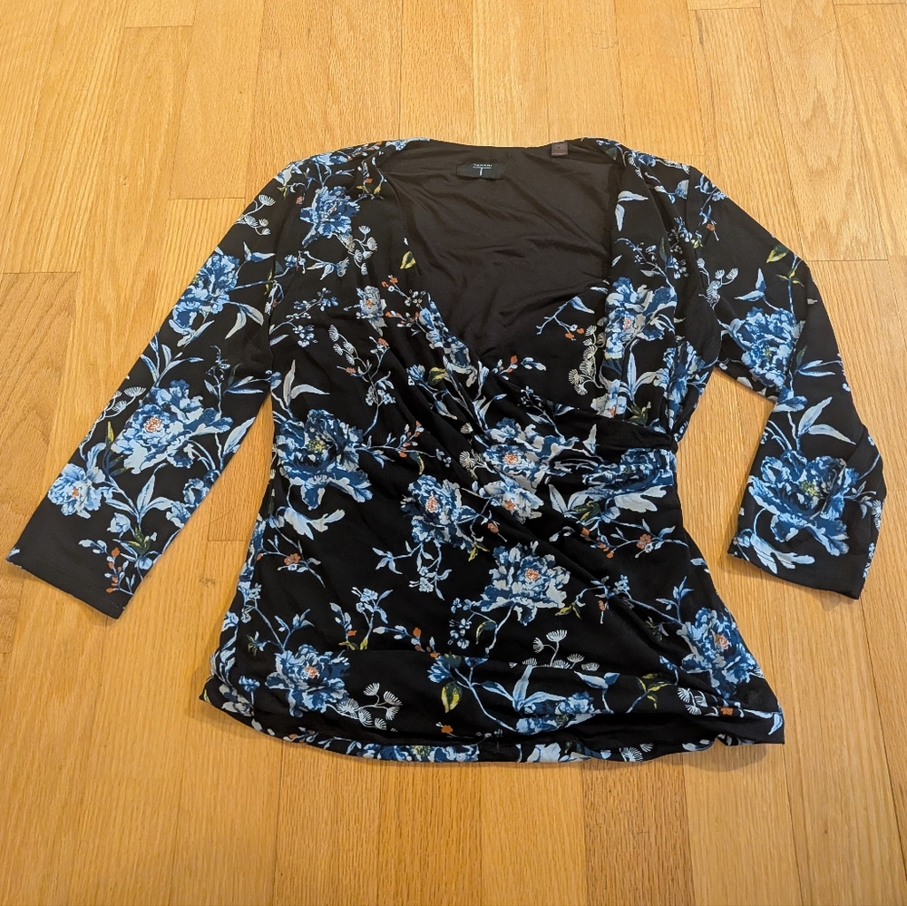 Tahari Black and Blue Floral Wrap Top